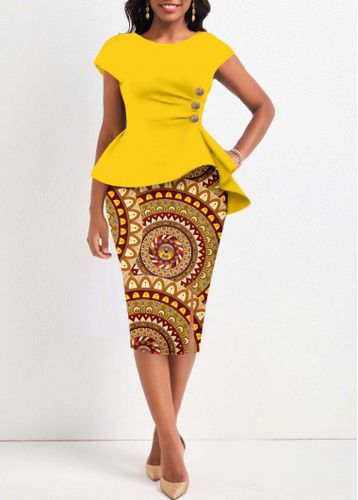 Yellow Button Tribal Print Short Sleeve Bodycon Dress - unsigned - Modalova