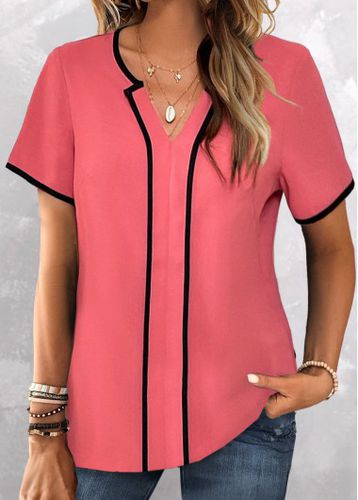 Coral Contrast Binding Short Sleeve Split Neck Blouse - unsigned - Modalova