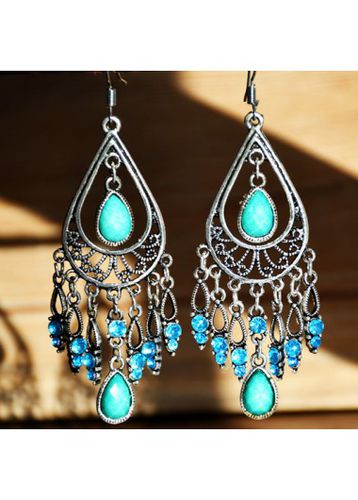 Turquoise Teardrop Design Rhinestone Tribal Earrings - unsigned - Modalova
