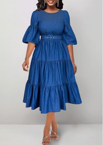 Denim Blue Ruched Belted Half Sleeve Dress - unsigned - Modalova