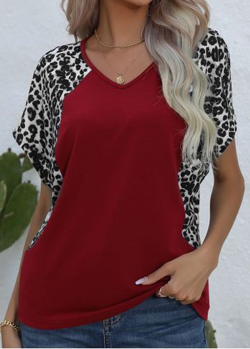 Wine Red Patchwork Leopard Short Sleeve T Shirt - unsigned - Modalova