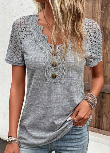 Grey Lace Short Sleeve V Neck T Shirt - unsigned - Modalova