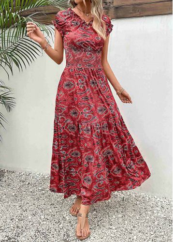 Wine Red Smocked Tribal Print Maxi Dress - unsigned - Modalova