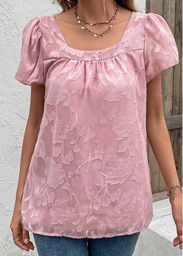 Pink Ruched Short Sleeve Square Neck Blouse - unsigned - Modalova