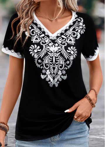 Black Patchwork Tribal Print Short Sleeve T Shirt - unsigned - Modalova