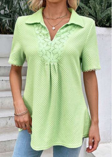 Light Green Patchwork Short Sleeve Shirt Collar Blouse - unsigned - Modalova