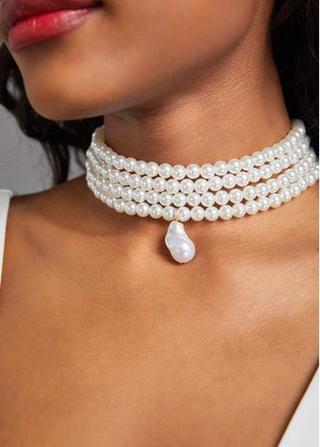 White Layered Deisgn Pearl Detail Necklace - unsigned - Modalova