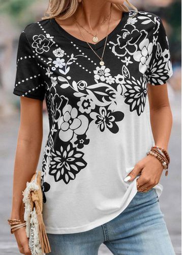 Black Lightweight Floral Print Short Sleeve T Shirt - unsigned - Modalova