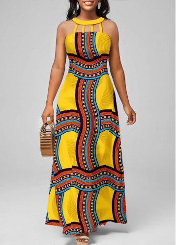 Yellow Cage Neck Tribal Print Sleeveless Maxi Dress - unsigned - Modalova
