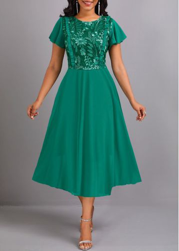 Green Lace Short Sleeve Round Neck Dress - unsigned - Modalova