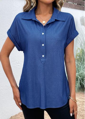 Denim Blue Button Short Sleeve Shirt Collar Blouse - unsigned - Modalova