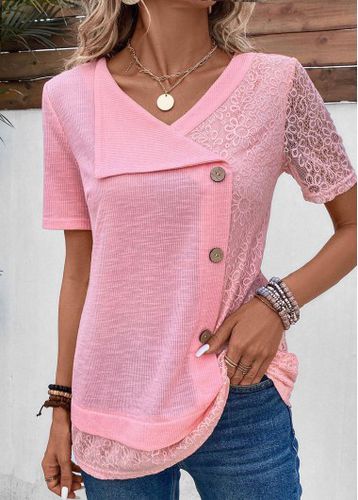 Pink Patchwork Short Sleeve V Neck Blouse - unsigned - Modalova