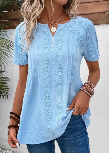 Light Blue Patchwork Short Sleeve Split Neck Blouse - unsigned - Modalova