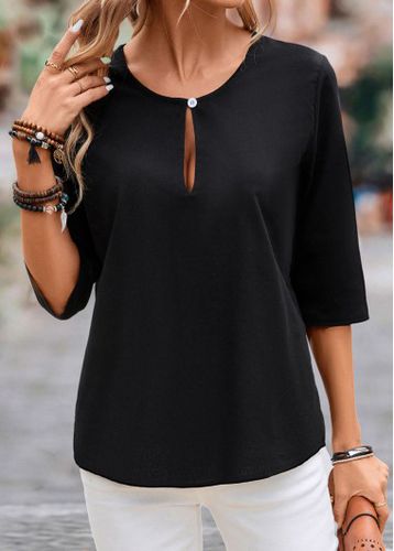 Black Button Half Sleeve Round Neck T Shirt - unsigned - Modalova