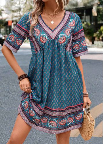 Turquoise Ruched Paisley Print A Line Dress - unsigned - Modalova