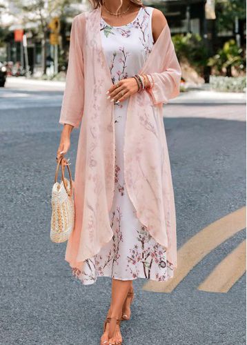 Pink Two Piece Floral Print Maxi Dress and Cardigan - unsigned - Modalova