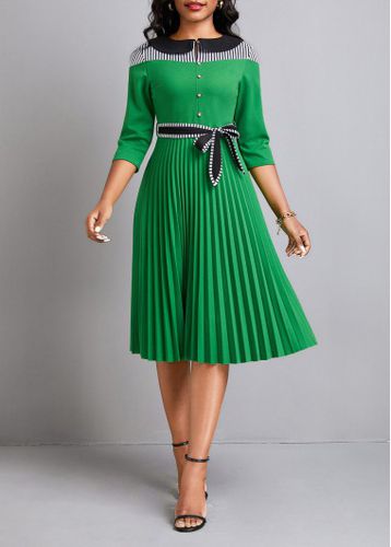 Green Button Pleated Striped Belted Dress - unsigned - Modalova