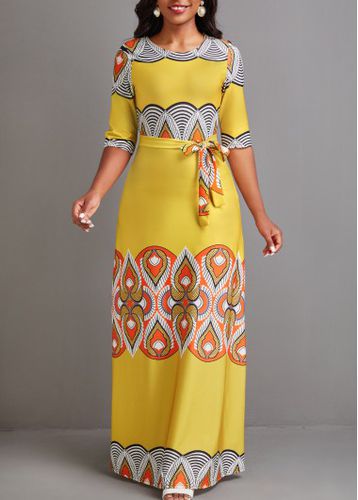 Yellow Tie African Tribal Print Belted Maxi Dress - unsigned - Modalova