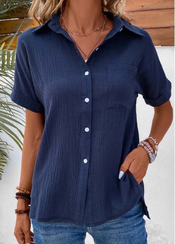 Navy Pocket Short Sleeve Shirt Collar Blouse - unsigned - Modalova