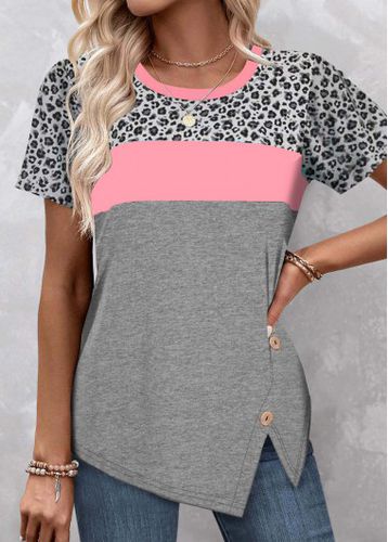Pink Patchwork Leopard Short Sleeve T Shirt - unsigned - Modalova