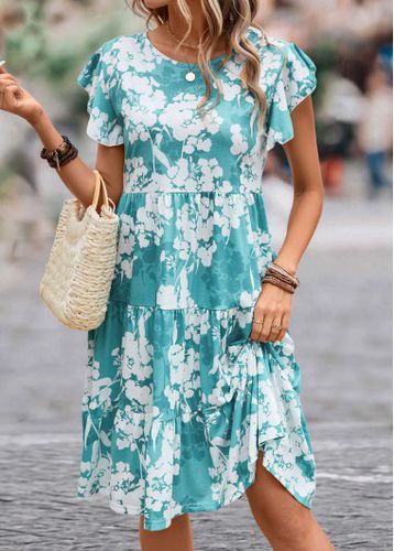Blue Ruffle Floral Print Short Sleeve Dress - unsigned - Modalova
