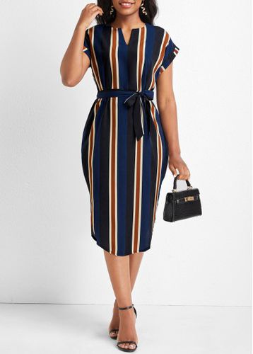 Multi Color Split Striped Belted Dress - unsigned - Modalova