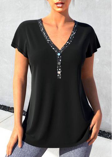 Black Sequin Short Sleeve V Neck T Shirt - unsigned - Modalova