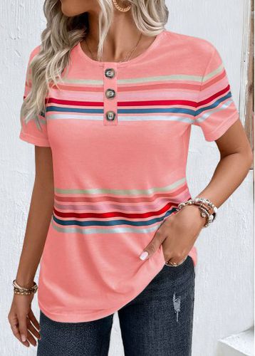 Pink Striped Short Sleeve Round Neck T Shirt - unsigned - Modalova