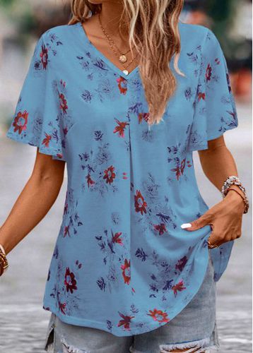 Blue Floral Print Short Sleeve V Neck Blouse - unsigned - Modalova