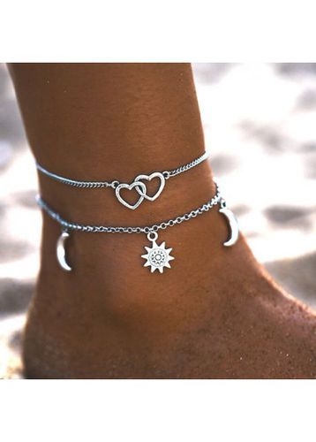 Silvery White Heart Layered Anklet Set - unsigned - Modalova