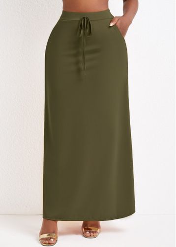 Olive Green Pocket A Line Drawastring Maxi Skirt - unsigned - Modalova