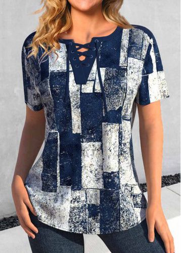 Navy Lace Up Geometric Print Short Sleeve Blouse - unsigned - Modalova