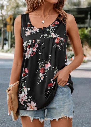 Black Ruched Floral Print Tank Top - unsigned - Modalova