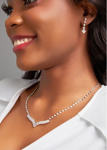 Silver Zircon V Shape Earrings and Necklace - unsigned - Modalova