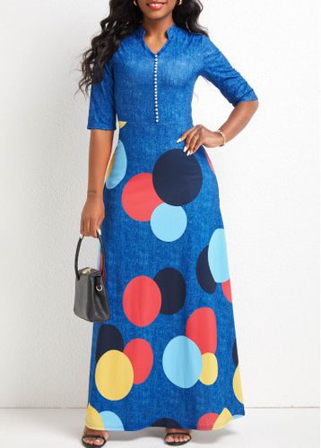 Denim Blue Button Geometric Print Maxi Dress - unsigned - Modalova