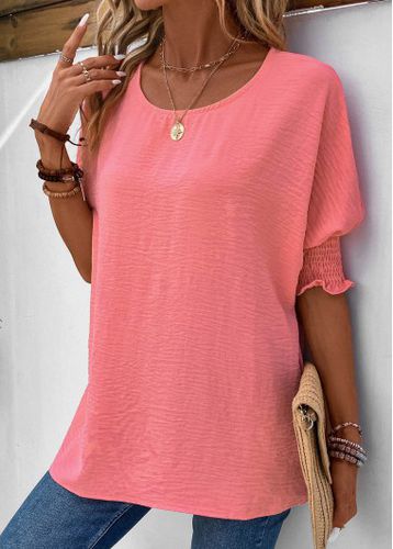 Pink Smocked Half Sleeve Round Neck T Shirt - unsigned - Modalova