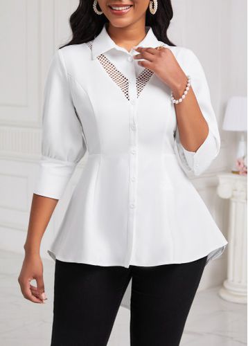 White Patchwork Half Sleeve Shirt Collar Blouse - unsigned - Modalova