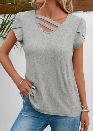 Grey Asymmetry Short Sleeve V Neck T Shirt - unsigned - Modalova
