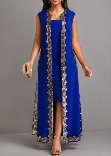 Blue Sequin Two Piece Suit Sleeveless Maxi Dress - unsigned - Modalova