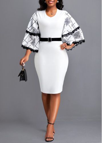 White Lace Geometric Print Belted Dress - unsigned - Modalova