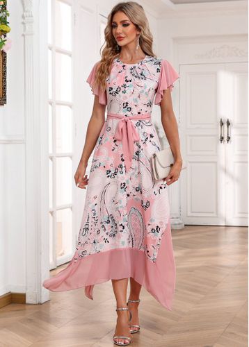 Light Pink Handkerchief Hem Paisley Print Belted Dress - unsigned - Modalova