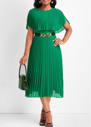 Green Pleated Short Sleeve Round Neck Dress - unsigned - Modalova