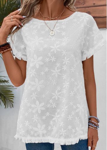 White Embroidery Short Sleeve Boat Neck T Shirt - unsigned - Modalova