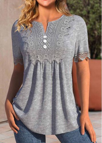 Grey Ruched Short Sleeve Split Neck T Shirt - unsigned - Modalova