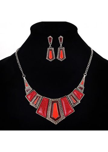 Red Retro Geometric Design Necklace and Earrings - unsigned - Modalova