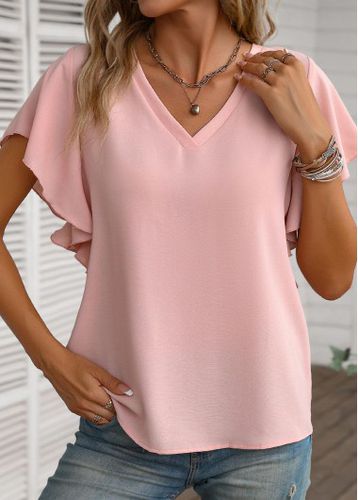 Dusty Pink Ruffle Short Sleeve V Neck Blouse - unsigned - Modalova