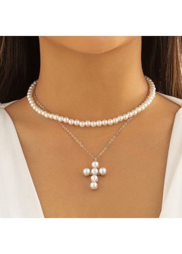 Silvery White Cross Pearl Layered Necklace - unsigned - Modalova