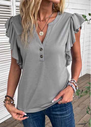 Grey Button Short Sleeve Split Neck T Shirt - unsigned - Modalova