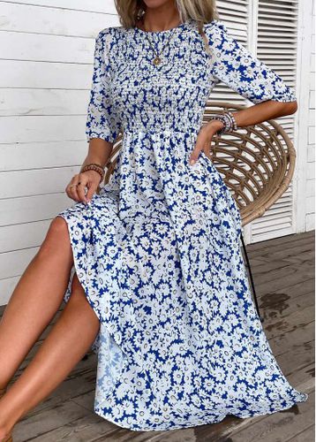 Blue Smocked Ditsy Floral Print Half Sleeve Dress - unsigned - Modalova
