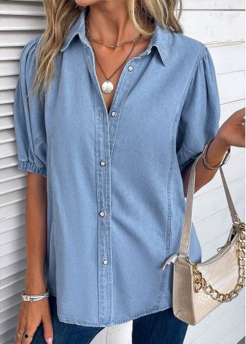 Light Blue Button Half Sleeve Shirt Collar Blouse - unsigned - Modalova
